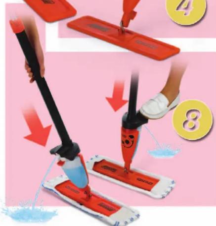 Illustration showing a hand using a red mopper to lift a blue mopper, with numbered steps and a yellow circle highlighting the step 8.