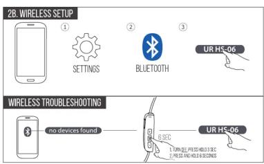 2B. WIRELESS SETUP ① SETTINGS ② BLUETOOTH ③ UR HE-06 WIRELESS TROUBLESHOOTING no devices found UR HE-06