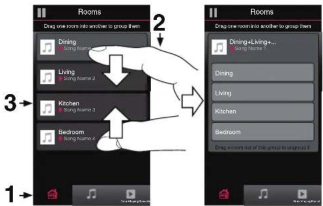 Rooms Drag one room into another to group them Dining Song Name 1 Living Song Name 2 Kitchen Song Name 3 Bedroom Song Name 4 Rooms Drag one room into another to group them Dining+Living+... Song Name 1 Dining Living Kitchen Bedroom Drag a room out of the group to ungroup it