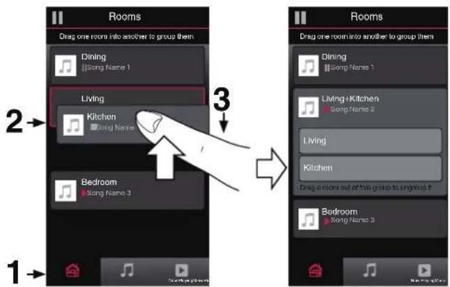 Rooms Drag one room into another to group them Dining ||Song Name 1 Living Kitchen ||Song Name 2 Bedroom ||Song Name 3 Rooms Drag one room into another to group them Dining ||Song Name 1 Living-Kitchen Song Name 2 Living Kitchen Drag a room out of this group to singwith n Bedroom ||Song Name 3