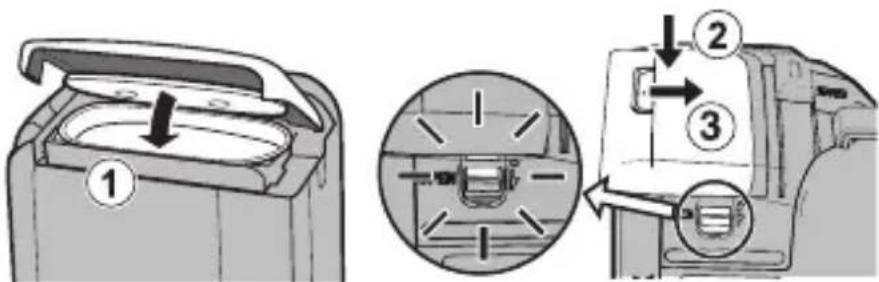 Diagram illustrating a mechanical device with labeled parts and directional arrows indicating motion or assembly.