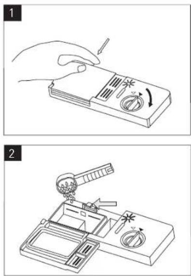 Technical diagram showing two-step installation of a device with tool, including a hand pressing the button and a close-up of the component being inserted.