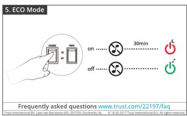5. ECO Mode on .... 30min off .... Frequently asked questions www.trust.com/22197/faq Trust International BV: Laan van Barcelona 600. 331700; Dordrecht, N.: 0 - 18.05.2017 Trust International B.V. All rights reserved.