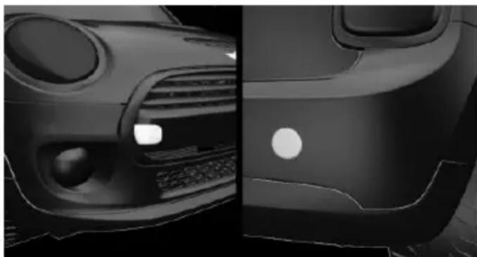 Side-by-side comparison of a car's front and side views, showing grille and dashboard details (no text or symbols)