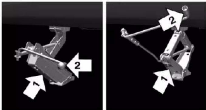 Two 3D mechanical assembly diagrams showing structural components with numbered arrows indicating motion direction (no text or symbols present)