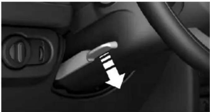Close-up of a car interior showing a hand cursor pressing down on the steering wheel (no text or symbols visible)
