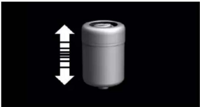 3D rendering of a cylindrical electronic device with a vertical double-headed arrow indicating width or height (no text or symbols)