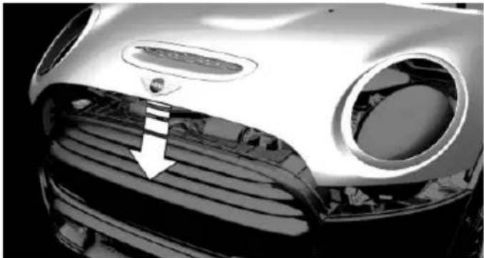 Close-up of a car's grille and grille with a white arrow pointing to the grille (no text or symbols visible)