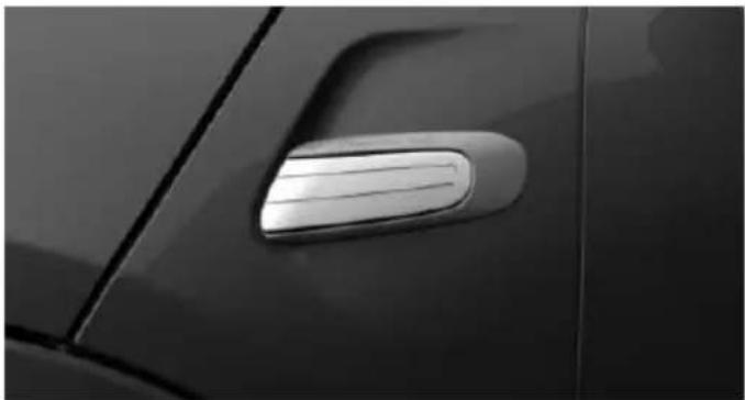 Close-up of a car's side panel showing a metallic handle and grille (no text or symbols visible)