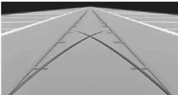 Pure architectural line drawing of a road with intersecting trapezoidal and rectangular lines (no text or symbols)