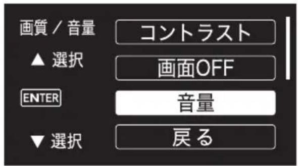 画質 / 音量 ▲ 選択 コントラスト 画面OFF ENTER 音量 ▼ 選択 戻る