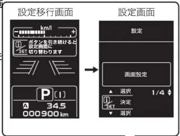 設定移行画面 設定 km/l ボタンを引き続けると 設定画面に 切り替わります P [1] A 34.5 000900 km 設定 画面設定 選択 1/4 決定 SET 選択