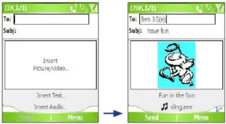 (1K,1/1) To: Subj: Insert Picture/Video... Insert Text... Insert Audio... Send 1 Menu (26K,1/1) To: Ben 3G(e): Subj: have fun Fun in the Sun ding.amr Send 1 Menu