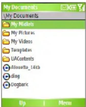 My Documents My Documents My Midlets My Pictures My Videos Templates UAContents Alouetta_14kb ding Dogbark Up I Menu