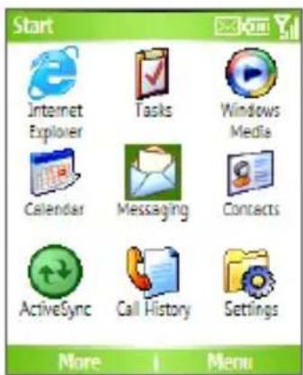 Start Internet Explorer Tasks Windows Media Calendar Messaging Contacts ActiveSync Call History Settings More Menu