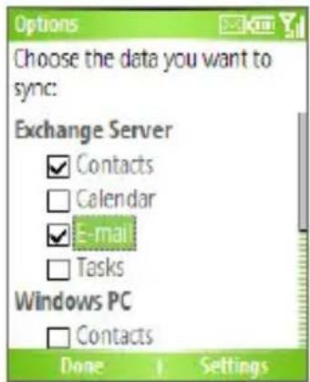 Choose the data you want to sync: Exchange Server ✓ Contacts □ Calendar ✓ E-mail □ Tasks Windows PC □ Contacts Done 1 Settings