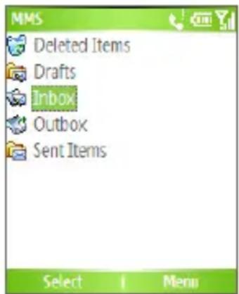 MMS Deleted Items Drafts Inbox Outbox Sent Items Select 1 Menu