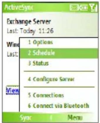 ActiveSync Exchange Server Last: Today 11:26 Wind 1 Options Last: 2 Schedule 3 Status 4 Configure Server View 5 Connections 6 Connect via Bluetooth Sync 1 Menu