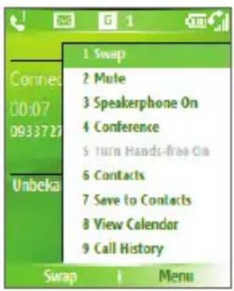 1 Swap 2 Mute 3 Speakerphone On 4 Conference 5 Turn Hands-free On 6 Contacts 7 Save to Contacts 8 View Calendar 9 Call History Swap 1 Menu