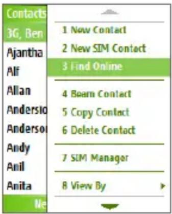 Contacts 3G, Ben Ajantha Alf Allan Andersio Andersoi Andy Anil Anita Ne 1 Now Contact 2 New SIM Contact 3 Find Online 4 Boom Contact 5 Copy Contact 6 Delete Contact 7 SIM Manager 8 View By
