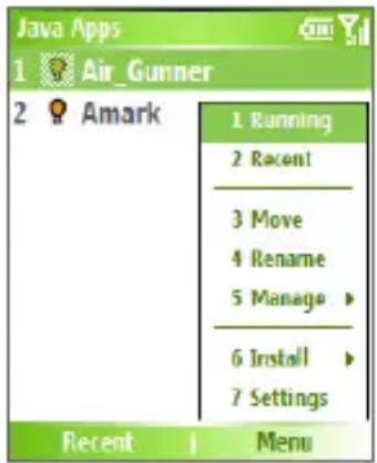 Java Apps 1 Air_Gunner 2 Amark 1 Running 2 Recent 3 Move 4 Rename 5 Manage ► 6 Install ► 7 Settings Recent Menu