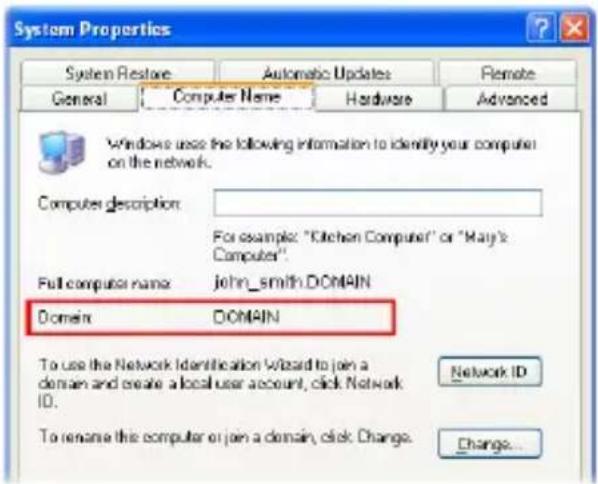 System Properties System Restore Automatic Updates Remote General Computer Name Hardware Advanced Windows uses the following information to identify your computer on the network. Computer description: For example: "Kitchen Computer" or "Mary's Computer". Full computer name: John_smith DOMAIN Domain DOMAIN To use the Network Identification Wizard to join a domain and create a local user account, click Network ID. To rename this computer or join a domain, click Change. Network ID Change...