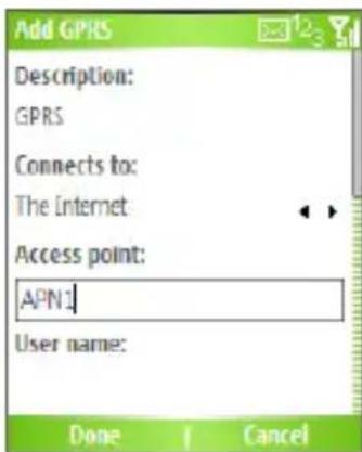 Add GPRS Description: GPRS Connects to: The Internet Access point: APN1 User name: Done Cancel
