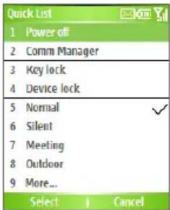 Quick List 1 Power off 2 Comm Manager 3 Key lock 4 Device lock 5 Normal 6 Silent 7 Meeting 8 Outdoor 9 More... Select Cancel