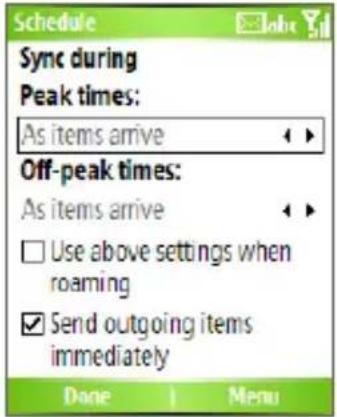 Schedule Sync during Peak times: As items arrive Off-peak times: As items arrive Use above settings when roaming Send outgoing items immediately Done 1 Menu