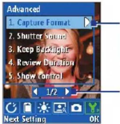 Advanced 1. Capture Format 2. Shutter Sound 3. Keep Backlight 4. Review Duration 5. Show control 1/2 Next Setting OK