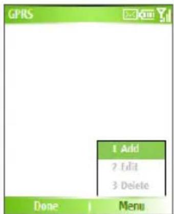 GPRS 1 Add 2 Edit 3 Delete Done 1 Menu