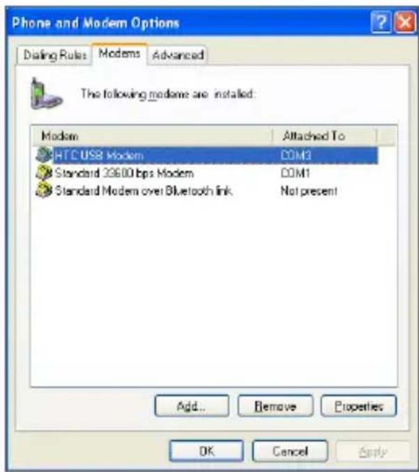 Phone and Modem Options Dialing Rules Modems Advanced The following module are installed: Modem Attached To HTC USB Modem COM3 Standard 30600 bps Modem COM1 Standard Modem over Bluetooth link Not present Add... Remove Properties OK Cancel Apply