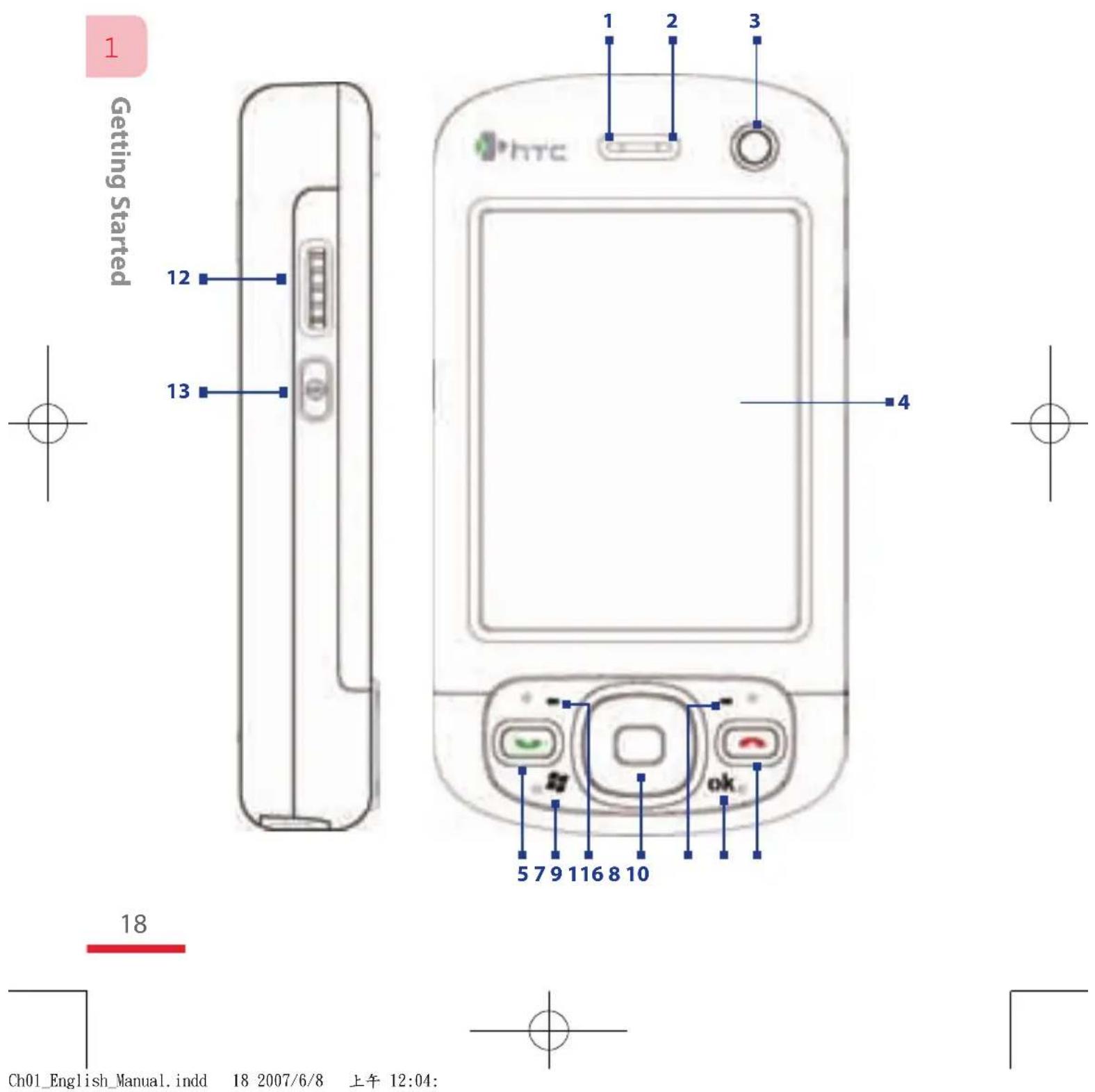1 Getting Started 12 13 HTC 1 2 3 4 5 7 9 116 8 10 18 Ch01_English_Manual.indd 18 2007/6/8 上午 12:04: