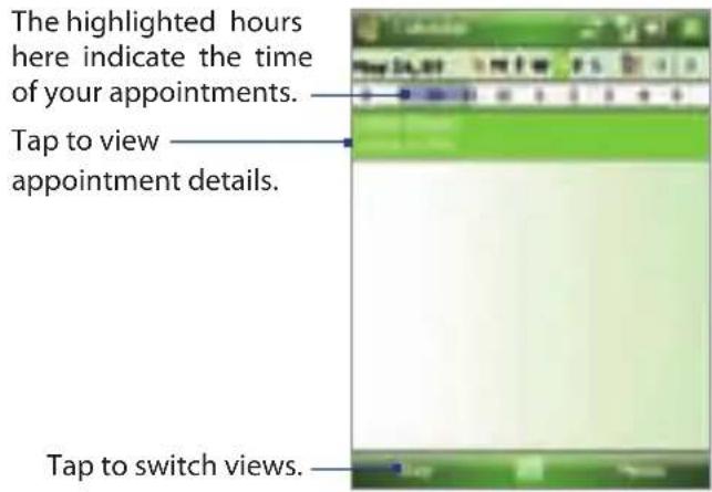 The highlighted hours here indicate the time of your appointments. Tap to view appointment details. Tap to switch views.