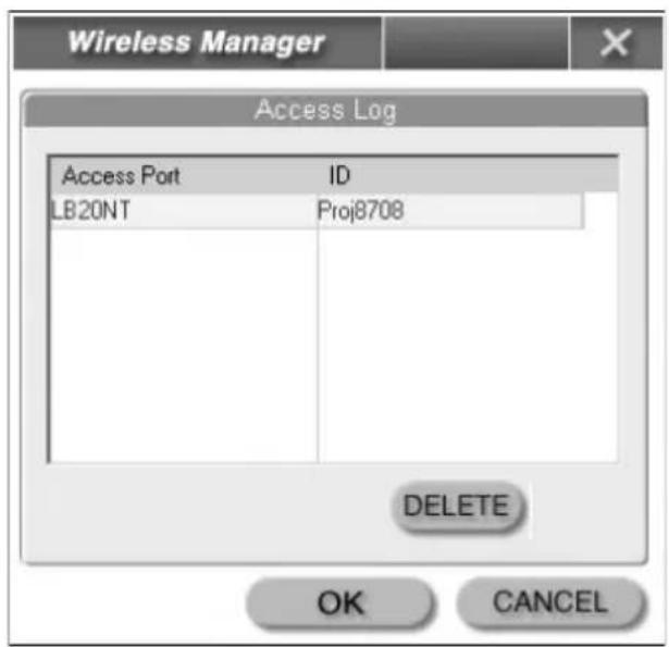Wireless Manager Access Log Access Port ID LB20NT Proj8708 DELETE OK CANCEL