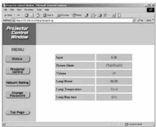 Projector Control Window - Microsoft Internet Explorer File Edit View Favorites Tools Help Projector Control Window Projector Control Window MENU Status Projector Control Network's Setting Change Password Top Page Super 3.00 Picture Mode STANDARD Volume 28 Loop Power 10000 Loop Temperature 0.04 Loop Box size 49% Status