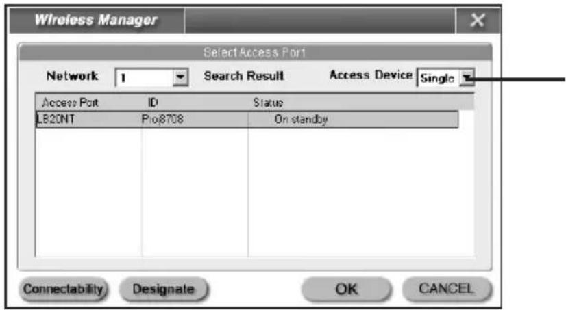 Wireless Manager SelectAccess Port Network 1 Search Result Access Device Single Access Port ID Status LB20NT Pro8708 On standby Connectability Designate OK CANCEL