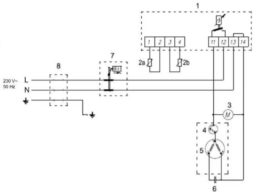 230 V~ 50 Hz L N 8 7 1 1 2 3 4 2a 2b 11 12 13 14 3 M 4 5 6