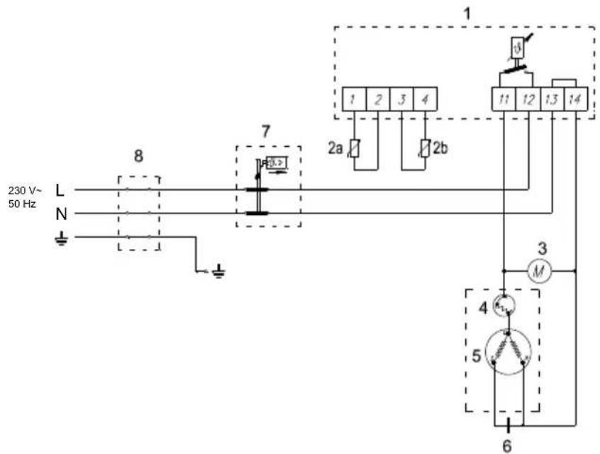230 V~ 50 Hz L N 8 7 1 1 2 3 4 2a 2b 11 12 13 14 3 M 4 5 6