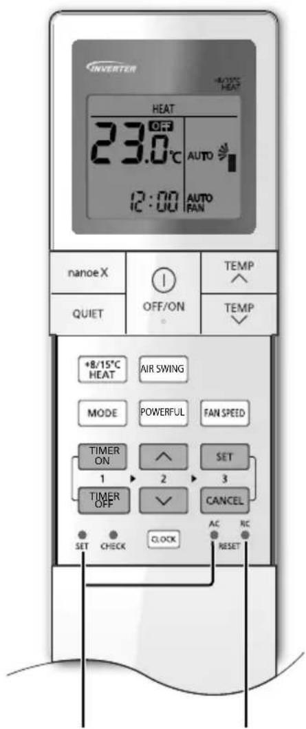 INVERTER -8/20°C HEAT 23.0°C AUTO 12:00 AUTO 10:00 FAN nanoe X OFF/ON TEMP QUIET TEMPLEMP +8/15°C AIR SWING MODE POWERFUL FAN SPEED TIMER ON SET 1 2 3 TIMER OFF CANCEL SET CHECK CLOCK AC NC RESET