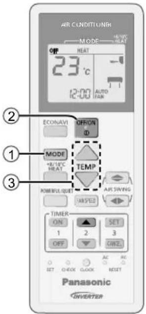 AIR CONDITION UNIR MODE 10/30V HEAT OFF 23°C 12-00 AUTO 1C-UO TAN ECONAVI OFF/ON ① MODE +8/10°C HEAT TEMP POWER/OUT AIR SWING MASCED TIMER ON SET 1 2 3 OFF OUTF. SET CHECK CLOCK RESET Panasonic INVERTER