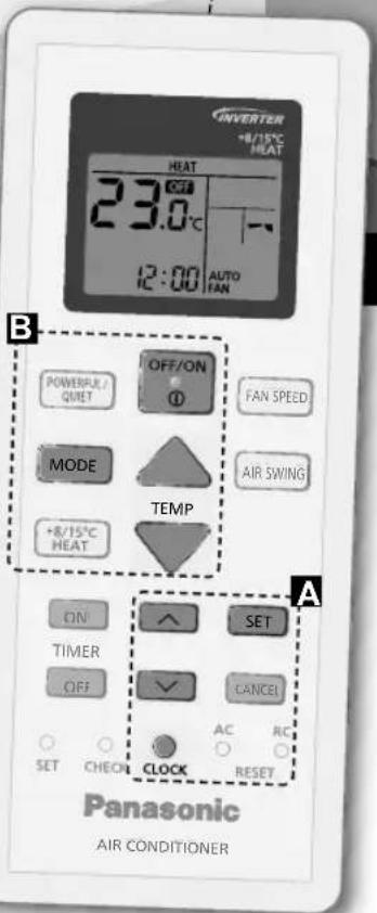 INVERTER +8/15°C HEAT 23.0°C 12:00 AUTO FAN POWERFUL/ QUIET OFF/ON ① FAN SPEED MODE TEMP +8/15°C HEAT AIR SWING A ON SET TIMER ✓ CANCEL OFF AC RE SET CHECK CLOCK RESET SET Panasonic AIR CONDITIONER