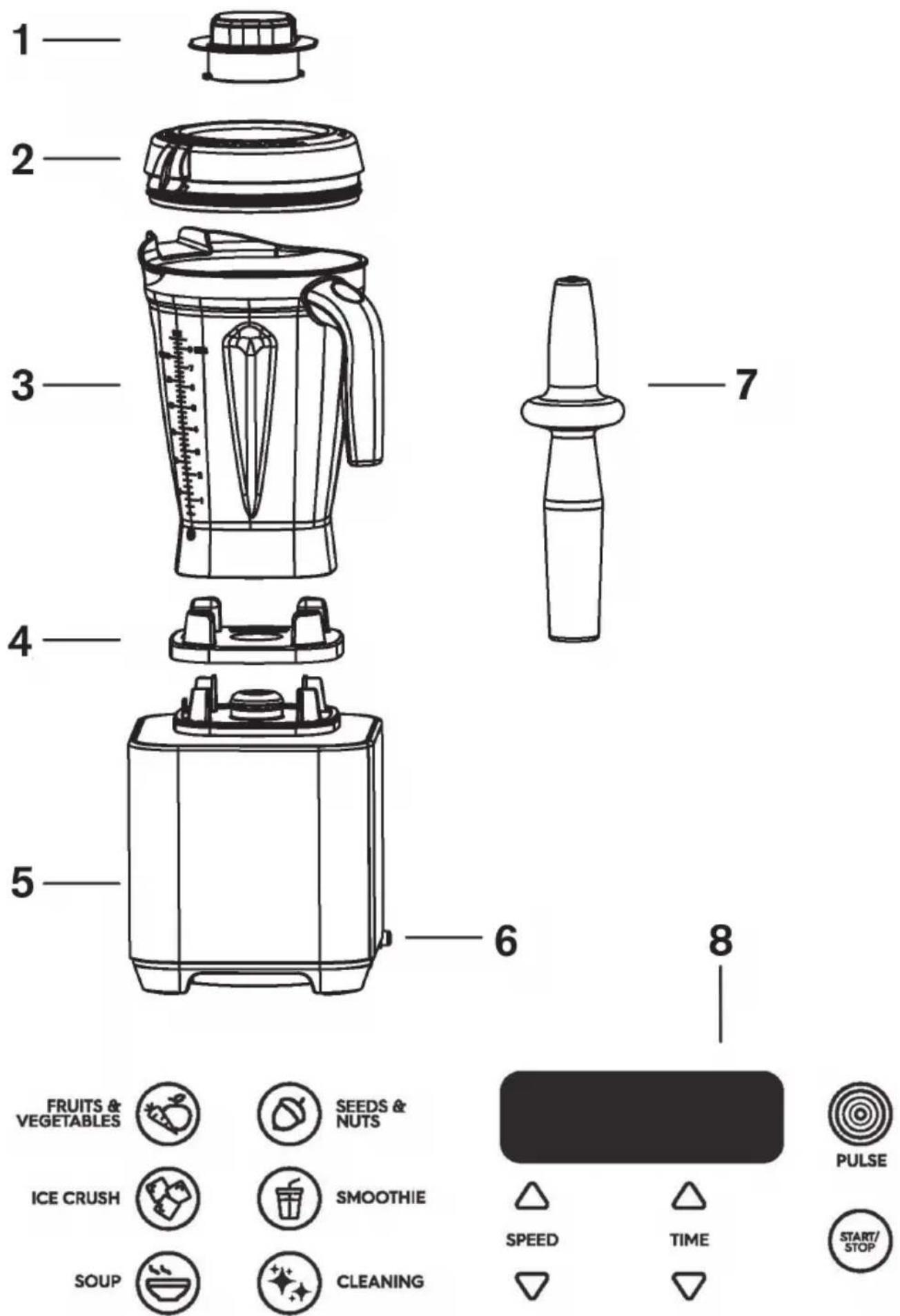 1 2 3 4 5 6 7 8 FRUITS & VEGETABLES SEEDS & NUTS ICE CRUSH SMOOTHIE SOUP CLEANING PULSE SPEED TIME START/ STOP
