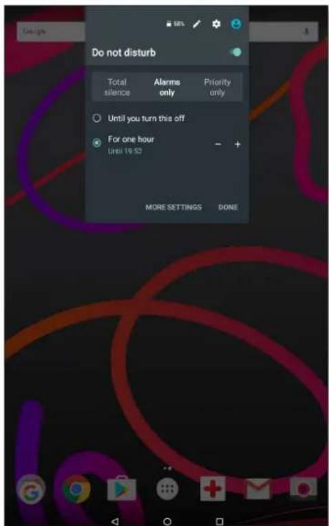Do not disturb Total silence Alarms only Priority only Until you turn this off For one hour Until 19:52 MORE SETTINGS DONE