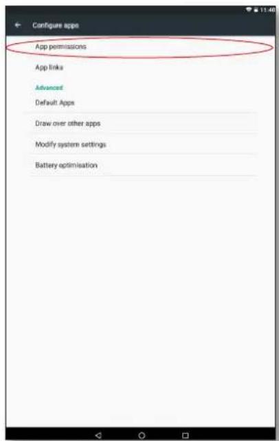 Configure apps App permissions App Links Advanced Default Apps Draw over other apps Modify system settings Battery optimisation