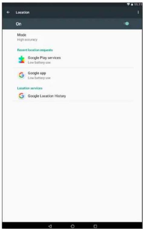 Location On Mode High accuracy Recent location requests Google Play services Low battery use Google app Low battery use Location services Google Location History