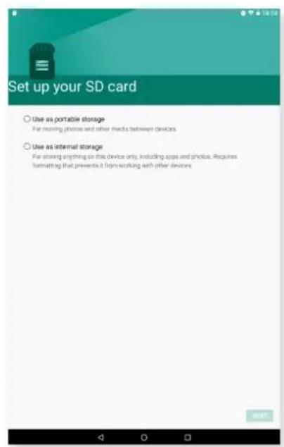 Set up your SD card Use as portable storage For moving phones and other media between devices Use as internal storage For storing anything on this device only, including apps and photos. Requires formatting that prevents it tries working with other devices