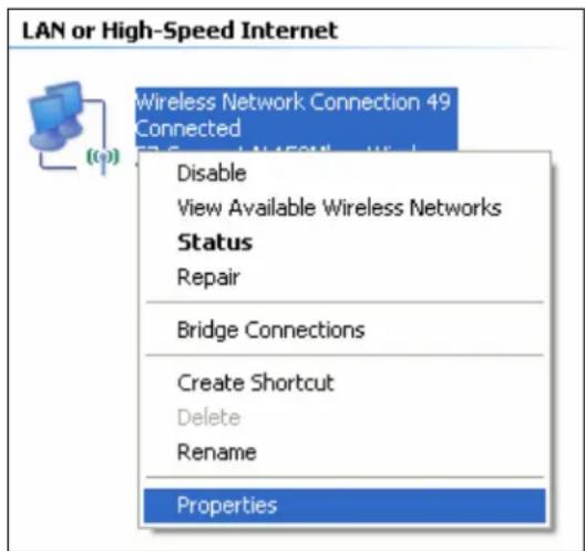 LAN or High-Speed Internet Wireless Network Connection 49 Connected Disable View Available Wireless Networks Status Repair Bridge Connections Create Shortcut Delete Rename Properties