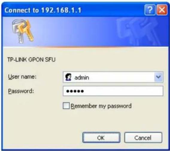 Connect to 192.168.1.1 TP-LINK GPON SFU User name: admin Password: •••••• Remember my password OK Cancel