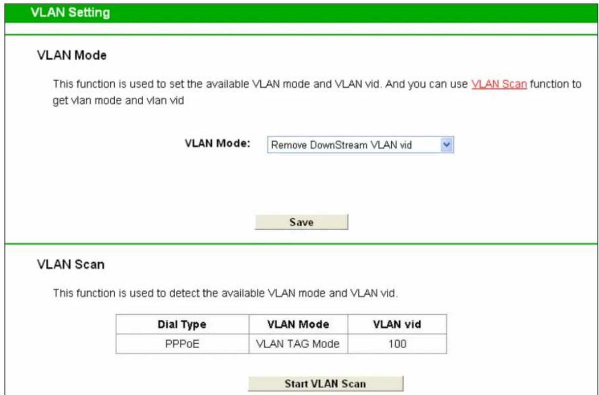 VLAN Setting VLAN Mode This function is used to set the available VLAN mode and VLAN vid. And you can use VLAN Scan function to get vlan mode and vlan vid VLAN Mode: Remove DownStream VLAN vid Save VLAN Scan This function is used to detect the available VLAN mode and VLAN vid. Dial Type VLAN Mode VLAN vid PPPoE VLAN TAG Mode 100 Start VLAN Scan